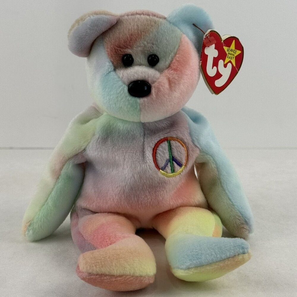 Vtg 1996 Ty Beanie Baby Peace Bear Tie Dye Multicolor Plush Hippie DOB Feb 1st